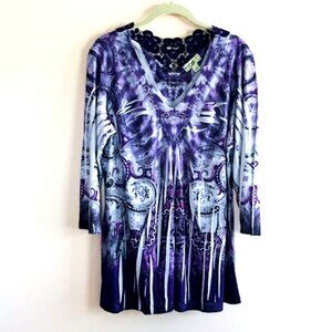 Energé by One World Purple Tie Dye Lace Back Boho Top XL Festival Blouse